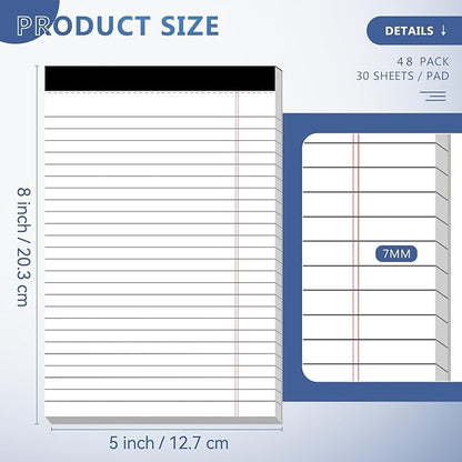 5" x 8" Note Pads 48 Pack of Legal Pads 30 Sheets Notepad College Ruled Small Writing Pads Perforated Pages Paper Pads 80GSM Heavyweight Paper Note Pads for Home, Office, or School