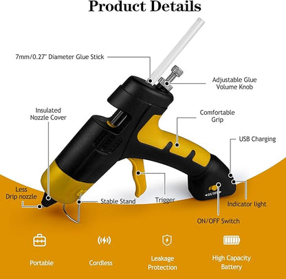 Cordless hot glue gun Kit with 10 Glue Sticks, High Temp for School Crafts DIY Arts and Quick Home Repairs (Cordless Yellow)