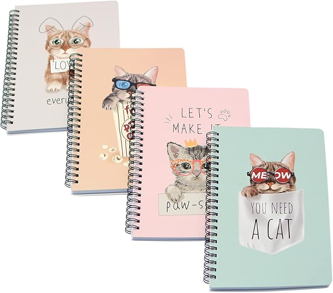 Yansanido Spiral Notebook, 4 Pcs A5 Thick Cat Design Hardcover 8mm Ruled 4 Color 80 Sheets -160 Pages Journals for Study and Notes (Cat)