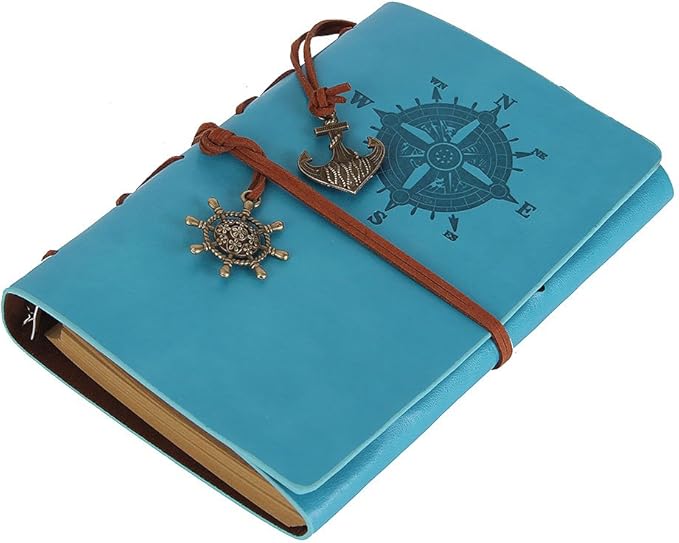 EvZ Leather Writing Journal Notebook, 7 Inches Vintage Nautical Spiral Blank String Diary Notepad Sketchbook Travel to Write in, Unlined Paper, Retro Pendants, Classic Embossed, Sky Blue