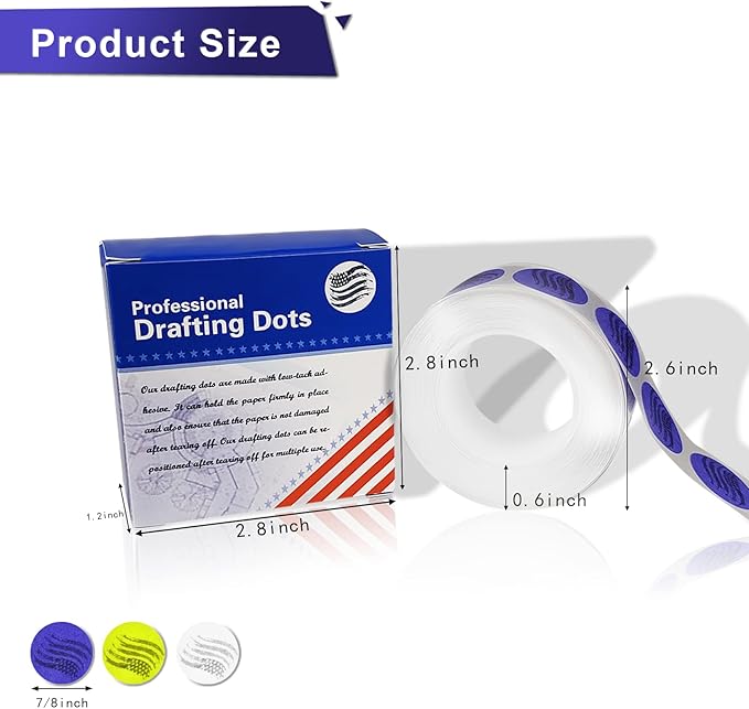 3 Pack Drafting Dots 7/8” Diameter, Low Tack, Easy Removal, Pre-Cut Drafting Tape Dots for Tracing, Drawing, Positioning, Roll of 500 Dots Per Box (White)