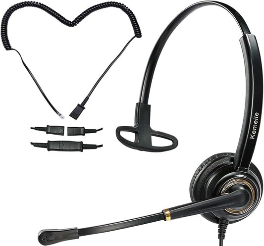 Office Telephone Headset with Noise Cancelling Mic RJ9 U10P Bottom Cable Compatible with Landline Desk Phones Polycom VVX, Avaya Digital, Fanvil, AudioCodes and Many More