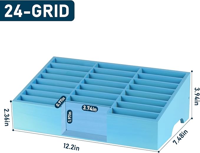 Wooden 24-Grid Cell Phones Storage Box Desktop Mobile Phone Holder Organizer for Office School Classroom (24-Grid Blue)