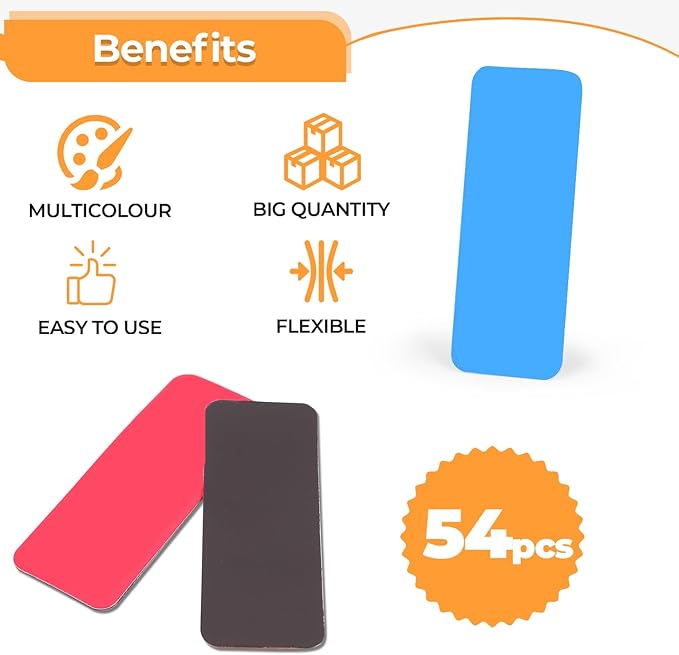 54pcs Magnetic Dry Erase Labels 9 Colorful Name Tags Flexible Reusable Magnetic Label Stickers for White Board Refrigerator Locker Size 3.2"x1.2" by Mositear