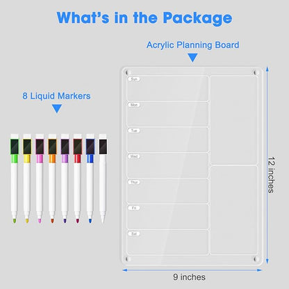 Acrylic Meal Planner Magnetic Menu Board for Kitchen Fridge w/Markers, Clear Weekly Calendar Planning Board Noteboard Refrigerator Dry Erase Board to Do/Grocery/Shopping List/Chore Chart, 12.8x9’’