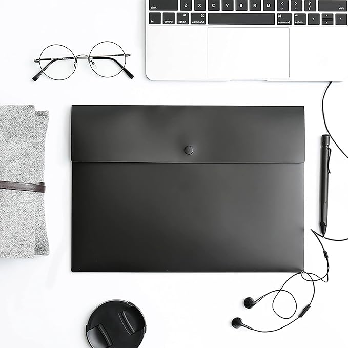 VANRA 5 Pieces A4 Envelopes Folders for Paperwork Plastic Wallets Document Organizer with Snap Button Closure A4 Letter Size (Black)