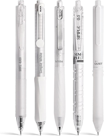 5 Count Pastel Gel Ink Pen Set,Cute Note Taking 0.5mm Fine Point Retractable 5 Count Black Ink Pens for Writing, Journaling, School, Office (White Clear)
