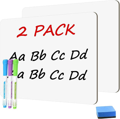 2 PC Small White Board Dry Erase Classroom Pack Boards 9" x12” Personal Whiteboards for Students Teachers School Supplies Lapboards,with Whiteboard Erasers Incl and Colors Pens