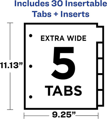 Avery Extra-Wide Big Tab Insertable Dividers for 3 Ring Binders, 5 Tab Set, White Paper, Clear Tabs, Works with Sheet Protectors, 1 Set (11221) (Pack of 5)