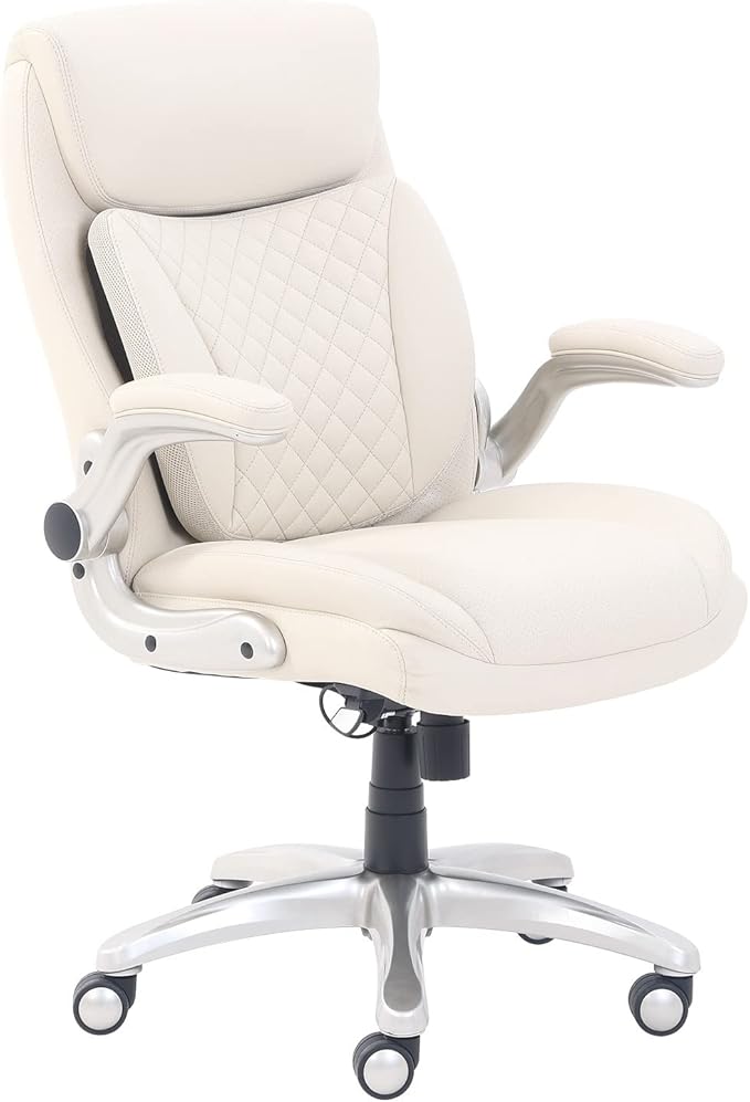 Amazon Basics Ergonomic Desk Office Chair, Flip-up Armrests, Adjustable Height, Cream Leather