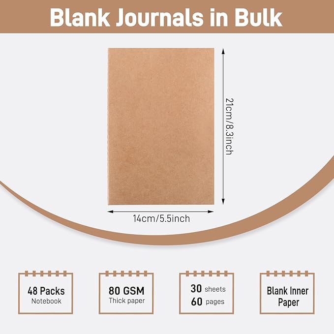 EOOUT 48pcs Kraft Paper Notebooks, Journals for Kids, Blank Paper, 60 Pages, 80GSM, 8.3 X 5.5 Inch, Travel Journal Set, for Travelers, Students and Office Supplies