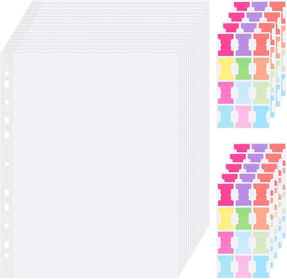 100 Pcs Sheet Protectors 12in*9in Clear Binder Sleeves with 9 Sheets Color Tabs for 2/3/4 Ring Binder(11 Hole)
