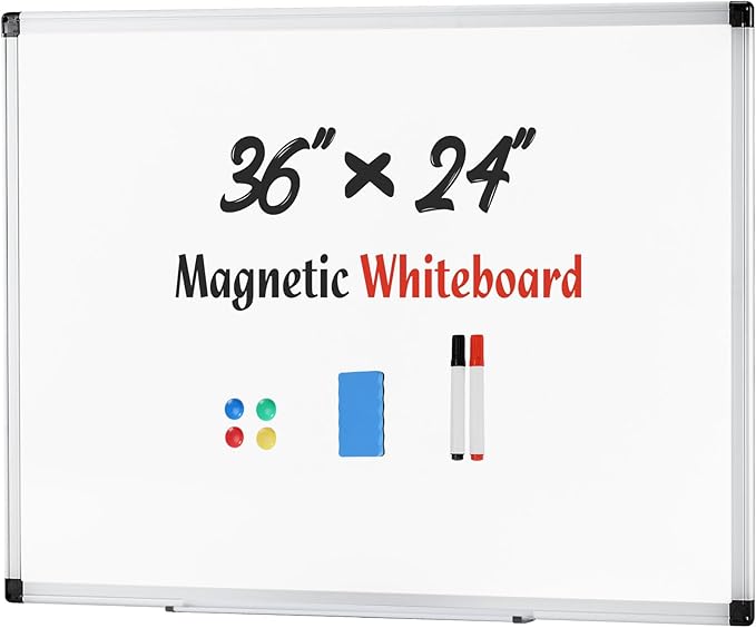 Sweetcrispy Magnetic Dry Erase Board, 36 X 24 Inches Whiteboard for Home Office School, Sliver Reinforced Aluminum Frame,1 Dry Eraser & 2 Dry Erase Markers & 4 Magnetic Pins
