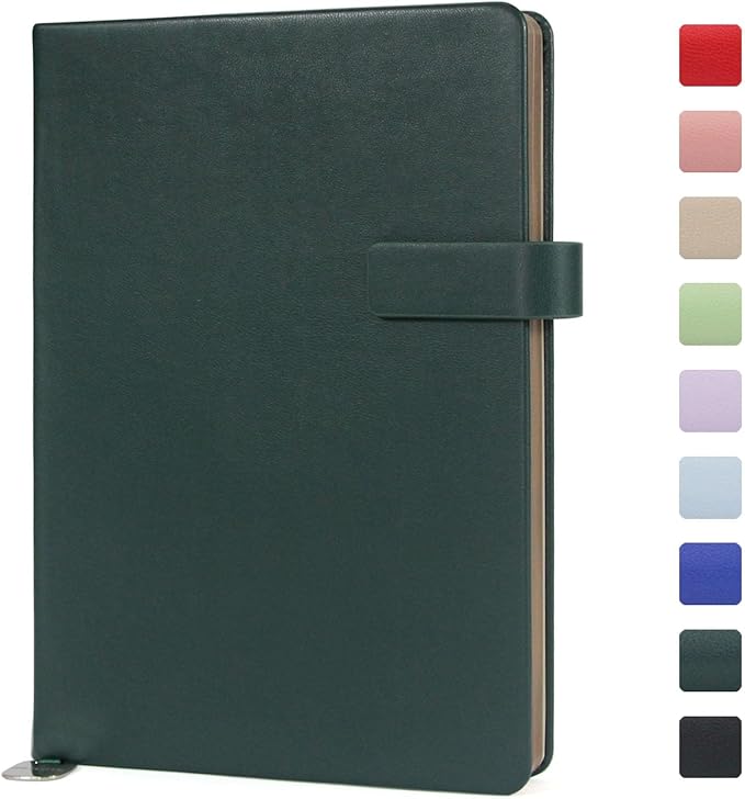 A5 Hard Cover Notebook with Pen Holder, Gold Edges & 180° Lay Flat - Large 5x8.25 Lined, Bookmark, Gift Box - Durable Journal for Office, Study, Travel - Writers, Students (Dark Green)