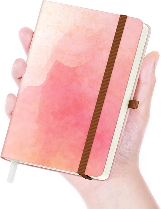 Small Notebook, Mini Pocket Journal A6 5.7" x 3.9", Leather Hardcover Journal with Pen Holder, 160 Thick Papers, Cute Lined Notebook Small Notepad for Women Writing Work Travel, Pink Sunglow