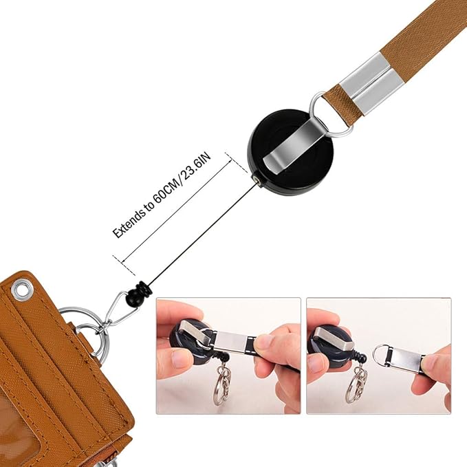 Cute ID Badge Holder Retractable Lanyard Reel Clip with Heavy Duty Carabiner, 5 Card Slots in 2 Sided with Key Ring and Zipper for Students Teens Boys Girls Office Staff Women (Brown)