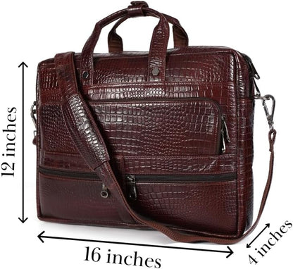 Crocodile Embossed leather bag for men, 5 Zipper Pockets with Spacious Compartments.,12 x 16 x 4 inches.