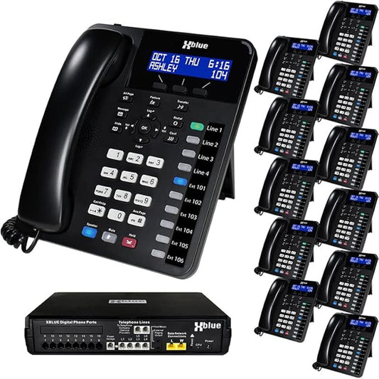 XBLUE X16 Plus Small Business Phone System Bundle with (12) XD10 Digital Phones - Capacity is (6) Outside Line & (16) Digital Phones - Includes Auto Attendant, Voicemail, Caller ID, Paging & Intercom