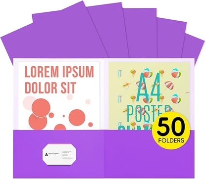 50Pcs Purple Folders with Pockets and Business Card Holder,Two Pocket Folders for School,Home or Office,Durable Heavy Duty File Folders