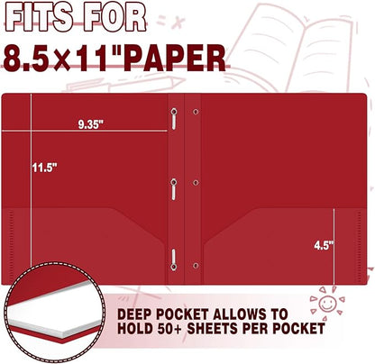 30 Pack Two Pocket Folders Business Card Holder Plastic Folders with Prongs for School Office Filing Cabinet Resume Portfolio (Red)