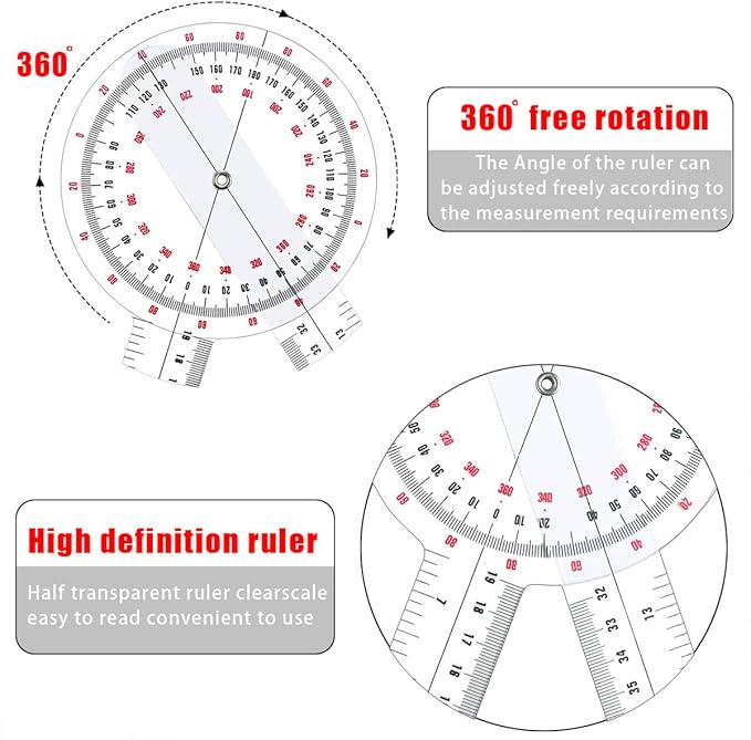 Goniometer 12 inch, Transparent Orthopedic Angle Ruler Plastic Goniometer, 360 Degree Clear Protractor Physical Therapy for Body Measuring Tape Goniometer Protractor Ruler