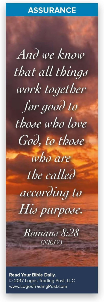 Christian Bookmark with Bible Verse, Pack of 25, Assurance Themed, All Things Work Together for Good, Romans 8:28