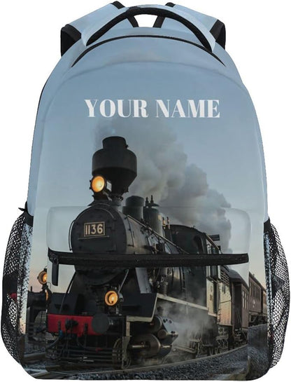 AUUXVA Custom School Backpack for Boys Kids with Name/Text Personalized Bookbag Add Your Name Customized Backpack Cool Train School Bag Laptop Backpack Travel Camping Daypack