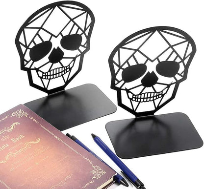 Metal Skull Design Black Bookend - Heavy-Duty Bookends for Shelves, Skull Book Ends for Heavy Books, Book Shelf Holder Home Office Decorative Desktop Organizer (1 Pair)