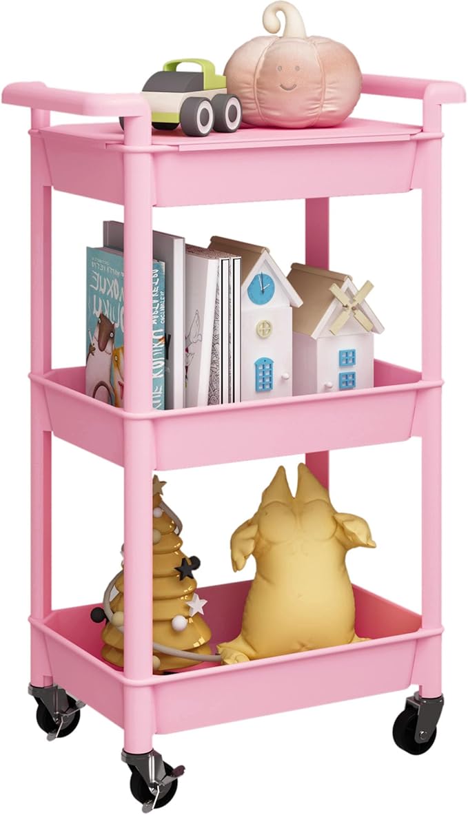 3-Tier Utility Rolling Cart with Cover Top Board, Mobile Utility Cart with Lockable Casters Multi-Functional Storage Trolley for Office, Bathroom, Kitchen, Garden, Laundry Room (Pink)