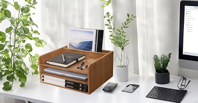 3 Tier Desktop Letter Tray for Office Desk Organizer and Accessories - Wood File Folder Holder for Paper Document Organizer Mail Sorter Workspace Counter Storage Book Shelf Light WJJ3K-LT