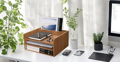 3 Tier Desktop Letter Tray for Office Desk Organizer and Accessories - Wood File Folder Holder for Paper Document Organizer Mail Sorter Workspace Counter Storage Book Shelf Light WJJ3K-LT