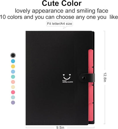 Forvencer Accordion File Organizer, Letter Size, 5 Pocket Expanding File Folder, Cute File Folder with Labels, Portable File Organizer for School Office Supplies, Folders for Documents, Black