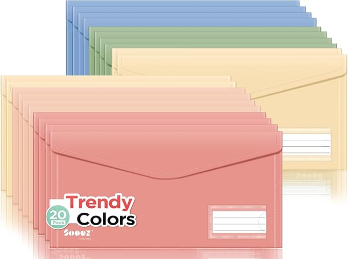 Sooez 20 Pack Reusable Envelopes, Small Pencil Pouch, Pencil Bags Bulk, Receipt Cash Holder, Money Bags, Small Plastic Envelopes, Receipt Envelope for School Office Supplies Travel Accessories