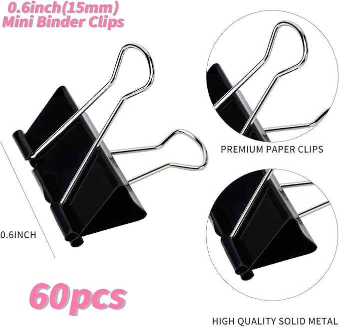 Binder Clips,Mini Binder Clips, Paper Clips (60Pcs) 0.6 Inch,Black Metal Paper Clamps for Office, Home, School