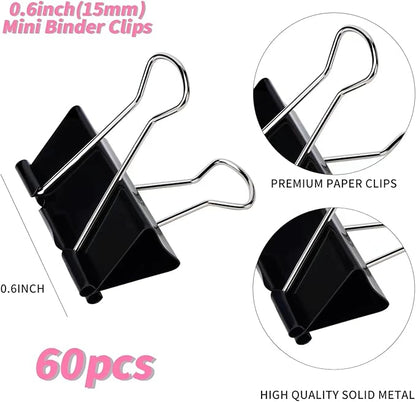 Binder Clips,Mini Binder Clips, Paper Clips (60Pcs) 0.6 Inch,Black Metal Paper Clamps for Office, Home, School