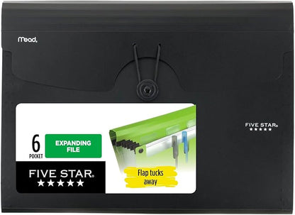 Five Star Expanding File Organizer, 6-Pocket Accordian File Organizer, Bungee Closure, Holds 11" x 8-1/2", Black (72391)