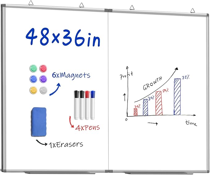 48"X 36" Large Magnetic Dry Erase Whiteboard, Removable Wall Hanging Board with 4 Pens & 1 Dry Erasers & 6 Magnets, Sliver Aluminum Frame White