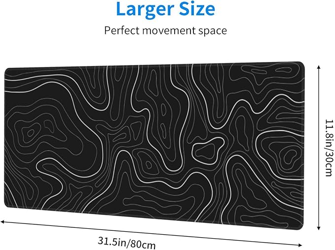 Abstract Topographic Map Black Mouse Pad Big Gaming Mouse Pad XXL Mousepad Large Keyboard Mat with Non-Slip Rubber Base Stitched Edges Mouse Mat Desk Pad for Gaming and Office