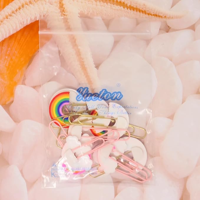 yueton 12PCS Rainbow Cloud Shaped Paper Clips Cute Small Paperclips PVC Metal Bookmark Clips File Note Clips Book Markers for Office, School, Home and Wedding Party Use