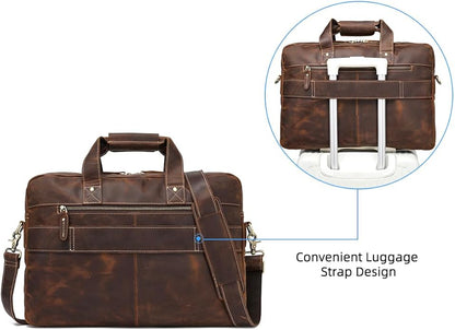 Full Grain 17.3" Leather Briefcase Messenger Laptop Bag For Men