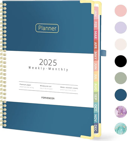 Forvencer 2025 Planner, Hardcover Weekly and Monthly Planner, January 2025 - December 2025, 8.5" x 11", Spiral Calendar Planner with Tabs, Exquisite Daily Organizer Notebook with Inner Pocket, Agenda Journal for Office Home School, A4 Size, Blue