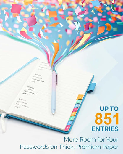 Password Keeper Book with Colorful Alphabetical Tabs, Hardcover Log Book for Internet Password and Website Address, Personal Organizer with Notes Section and Back Pocket and Two Bookmarks (Turquoise)