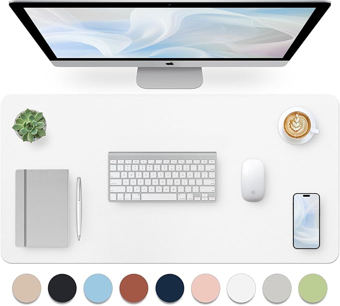 Leather Desk Pad, Large Mouse Pad, Non-Slip Desk Mat, Leather Desk Blotter, Computer Desk Pad, Waterproof Keyboard Pad for Home Office and Decor - White (31.5×15.7 Inches)