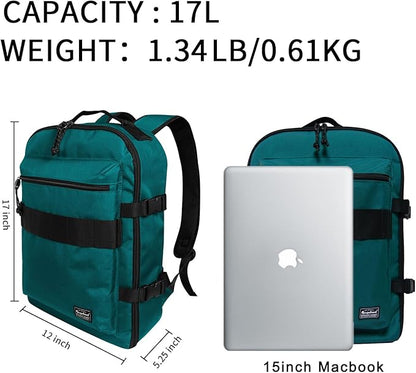 Travel Backpack 17L Lightweight Casual Small Carry-on Daypack 15-inch Laptop Notebook, Underseat Overnight Weekender, Bluish Green