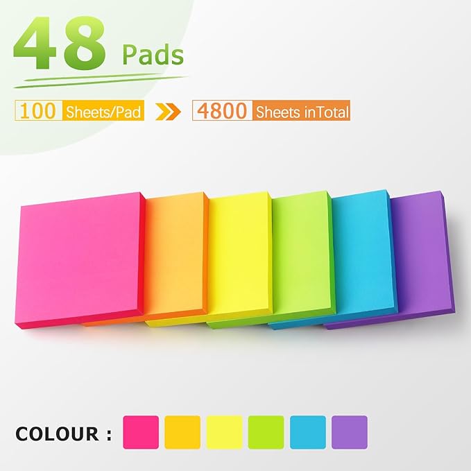 Sticky Notes 3x3 inch Bright Colors Self-Stick Pads 48 Pads/Pack 90 Sheets/Pad Total 4320 Sheets