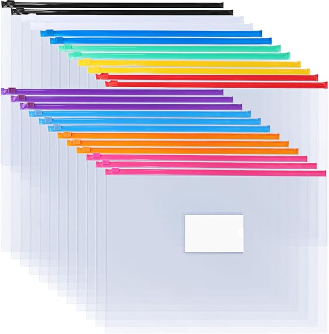 EOOUT 24pcs Plastic Envelopes Poly Zip Envelopes Files Zipper Folders, A4 Size, Letter Size, 10 Colors, for School Office Travel Storage Supplies