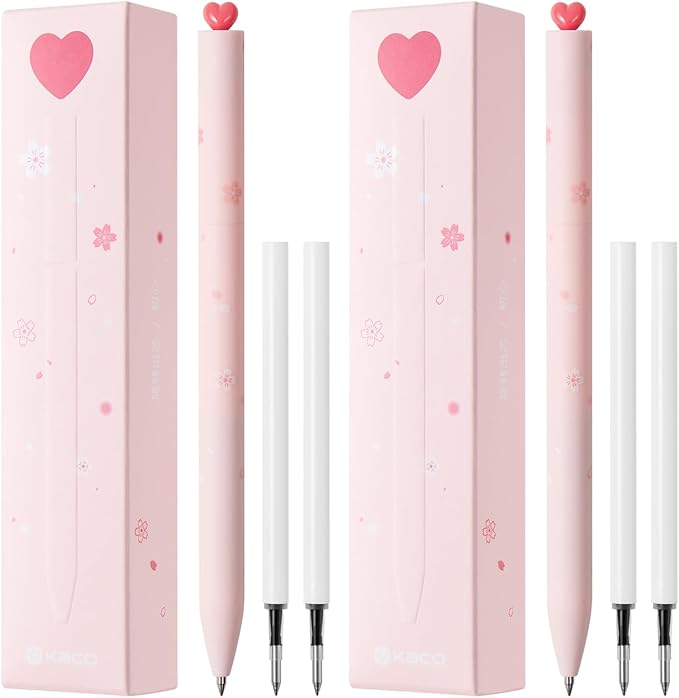 Kaco FIRST Gel Pens Cute Stationery, Pack of 2 Pieces Heart Pen Set with Extra 4 Black Refills (2 Pink)