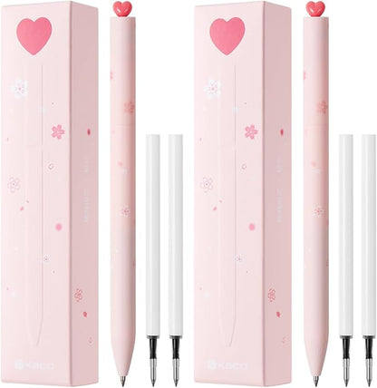 Kaco FIRST Gel Pens Cute Stationery, Pack of 2 Pieces Heart Pen Set with Extra 4 Black Refills (2 Pink)