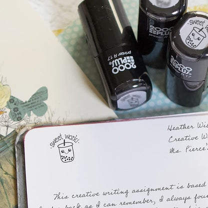 Sweet Work Bubble Tea Themed Stamp / 2000 Plus Self Inking Teacher Boba Drink Stamper / 9/16" Small Black Ink Worksheet School Homework Stamp Made in USA