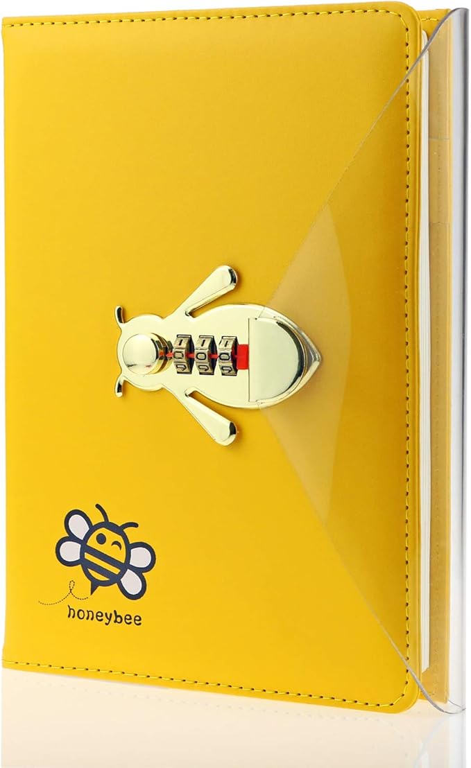 Mazeran Bee Shaped Combination Lock Journal, PU Leather Hard Cover Notebook Cute Diary, Thick A5 Lined Password Locking Personal Planner Secret Organizer Gift for Girls Women Daughter